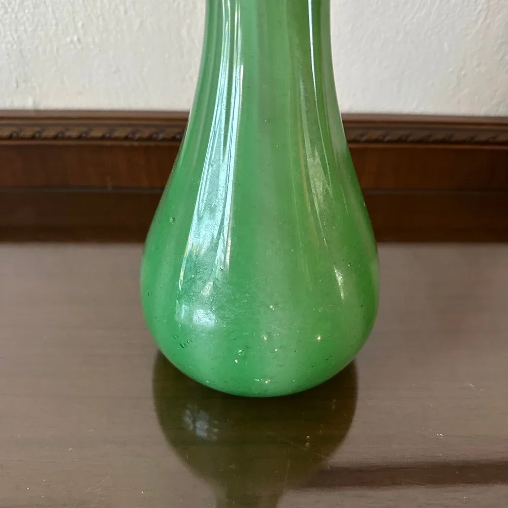 Vintage Green Cased Art Glass Vase Murano Style Pulled Wing Rim 10'' Mid Century